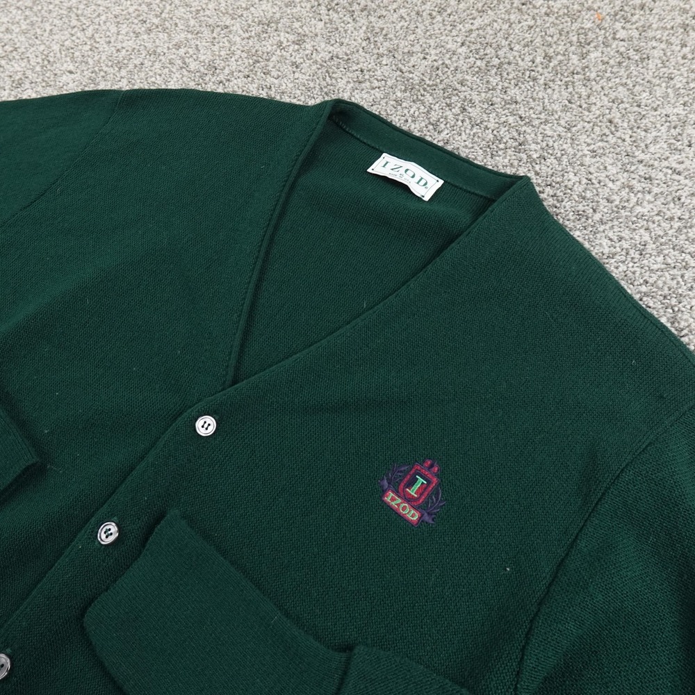 VTG IZOD Sweater Mens XL Green Acrylic Button Cardigan V Neck Knit Grandpa USA